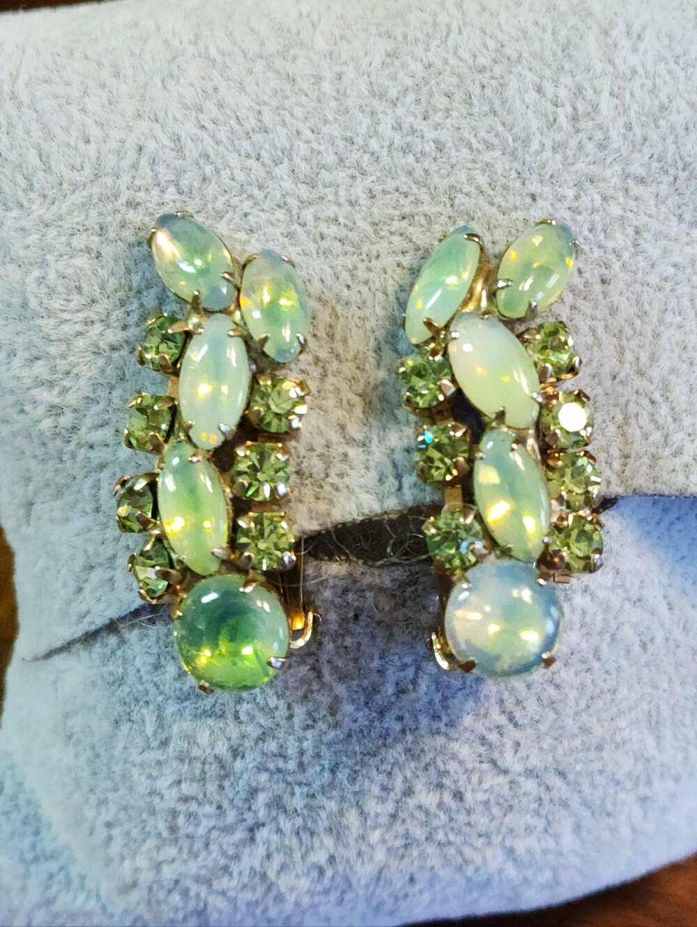Vintage Opaline Glass Green Rhinestone Clip Earrings Mid Century Climber